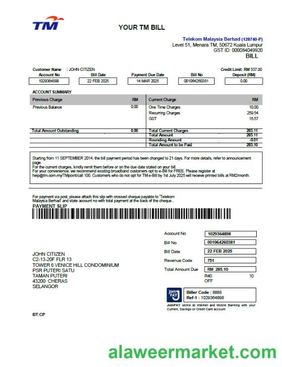 Malaysia Telekom utility bill template in Word and PDF formats